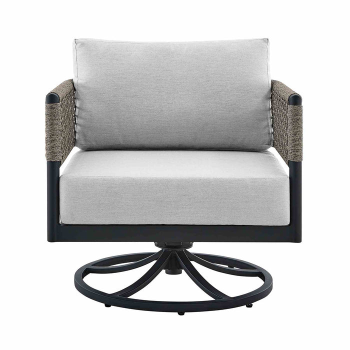 Alegria Outdoor Patio Swivel Rocking Chair in Black Aluminum and Gray Rope with Cushions