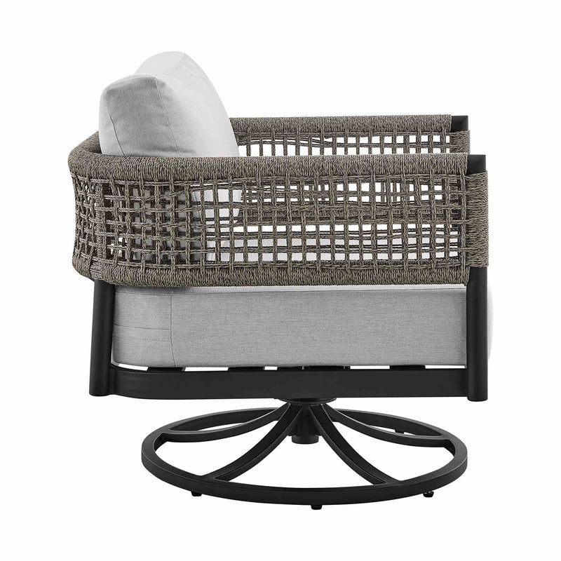 Alegria Outdoor Patio Swivel Rocking Chair in Black Aluminum and Gray Rope with Cushions - Furniture City (CA)l