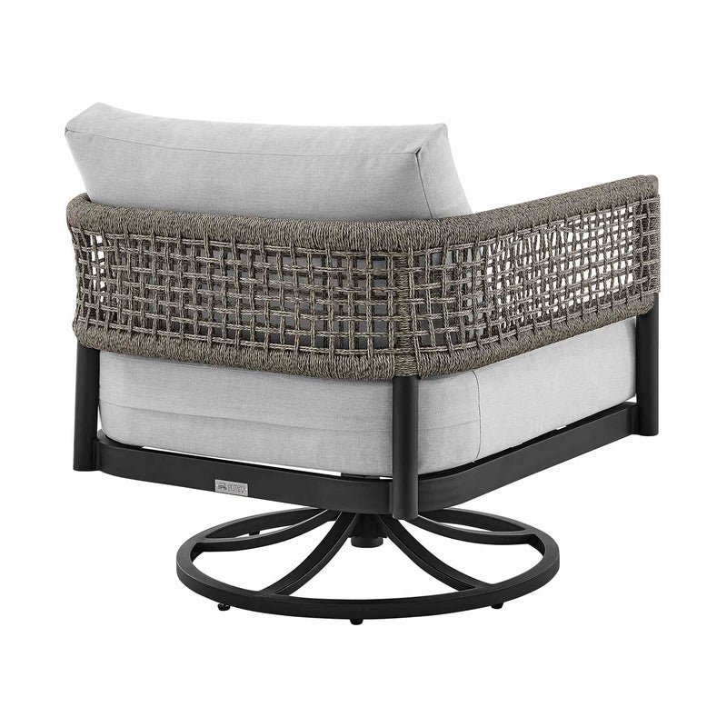 Alegria Outdoor Patio Swivel Rocking Chair in Black Aluminum and Gray Rope with Cushions - Furniture City (CA)l