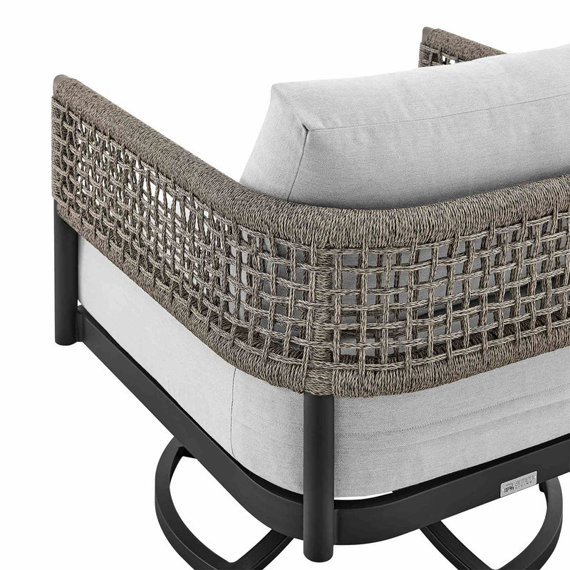 Alegria Outdoor Patio Swivel Rocking Chair in Black Aluminum and Gray Rope with Cushions - Furniture City (CA)l