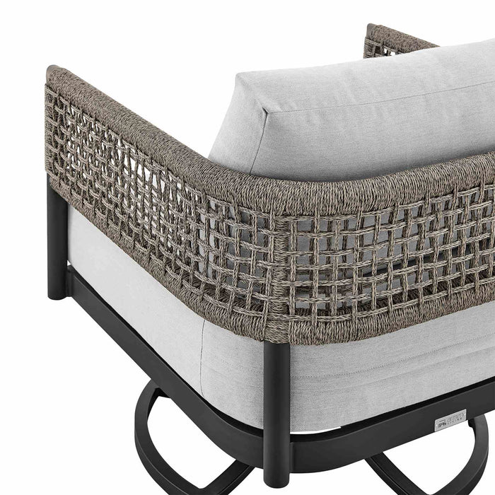 Alegria Outdoor Patio Swivel Rocking Chair in Black Aluminum and Gray Rope with Cushions