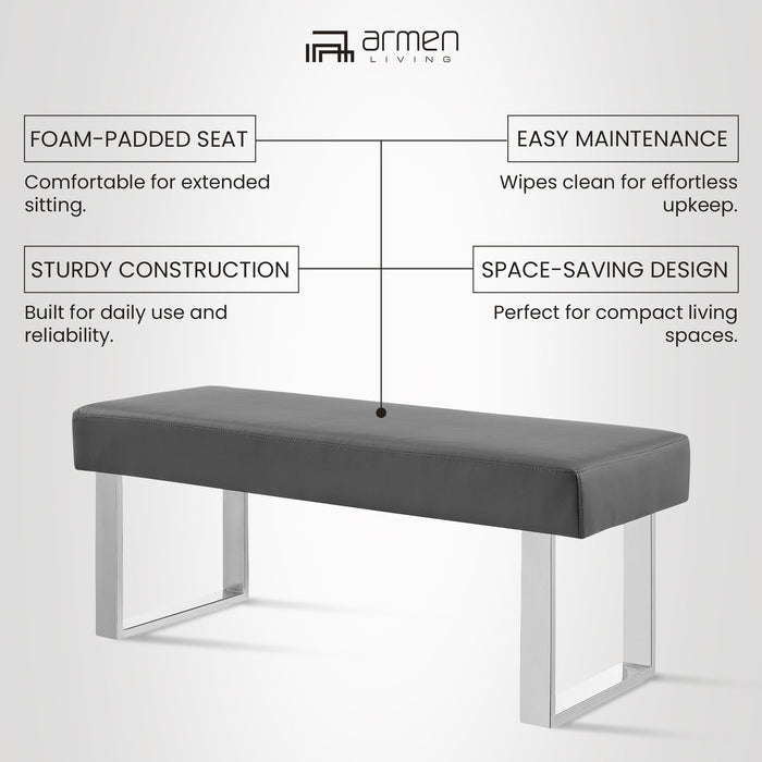 Amanda Contemporary Dining Bench in Gray Faux Leather and Chrome Finish
