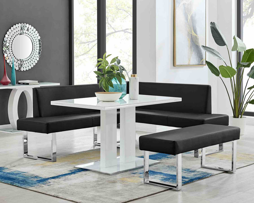 Amanda Contemporary Nook Corner Dining Bench in Black Faux Leather and Chrome Finish