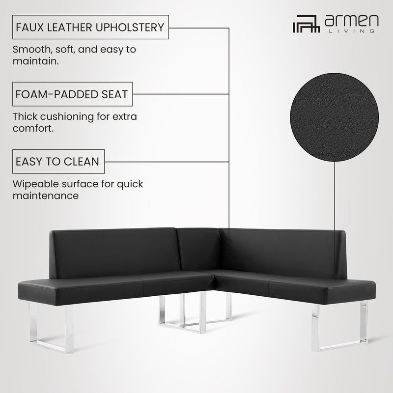 Amanda Contemporary Nook Corner Dining Bench in Black Faux Leather and Chrome Finish - Furniture City (CA)l