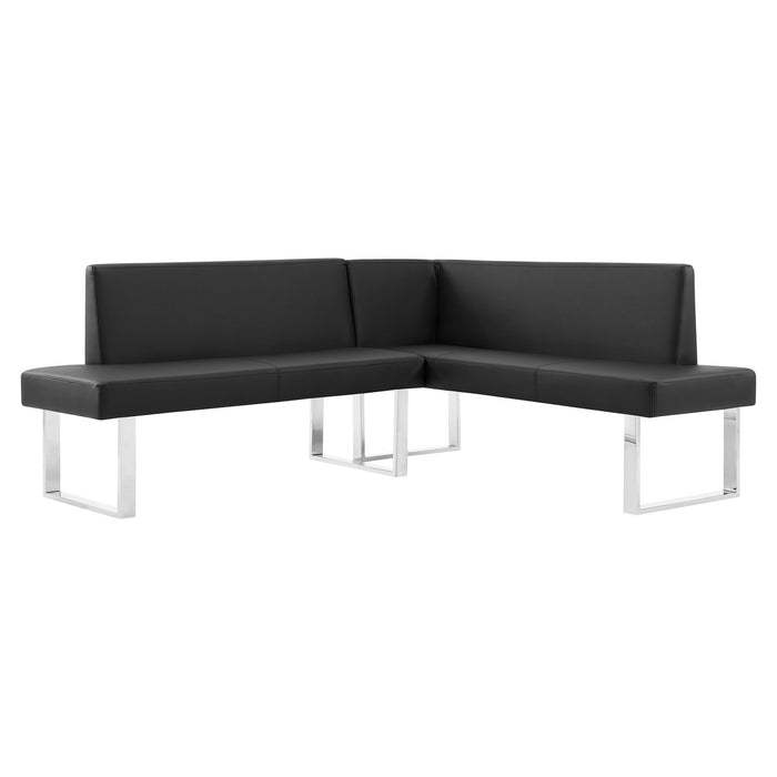 Amanda Contemporary Nook Corner Dining Bench in Black Faux Leather and Chrome Finish