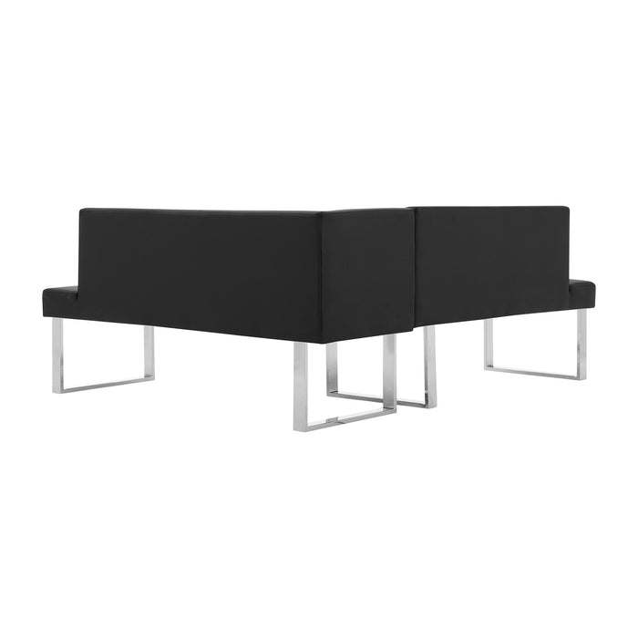 Amanda Contemporary Nook Corner Dining Bench in Black Faux Leather and Chrome Finish