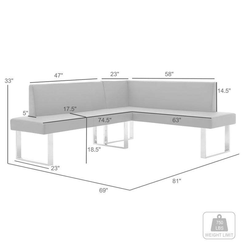 Amanda Contemporary Nook Corner Dining Bench in Black Faux Leather and Chrome Finish - Furniture City (CA)l
