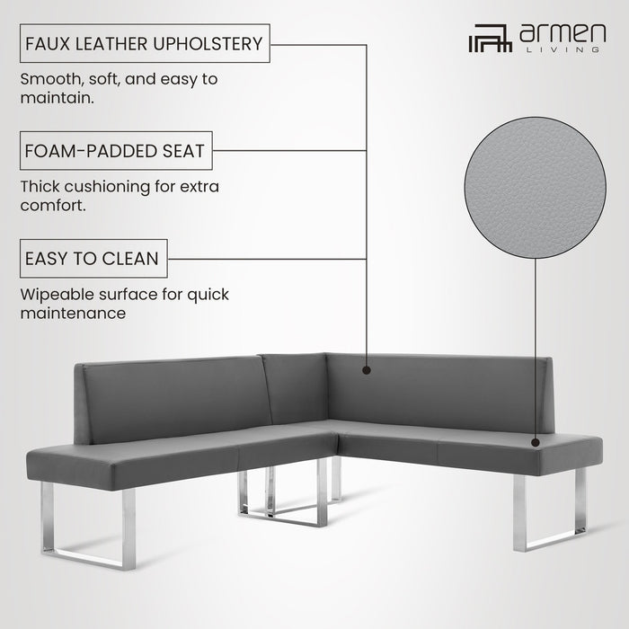 Amanda Contemporary Nook Corner Dining Bench in Gray Faux Leather and Chrome Finish