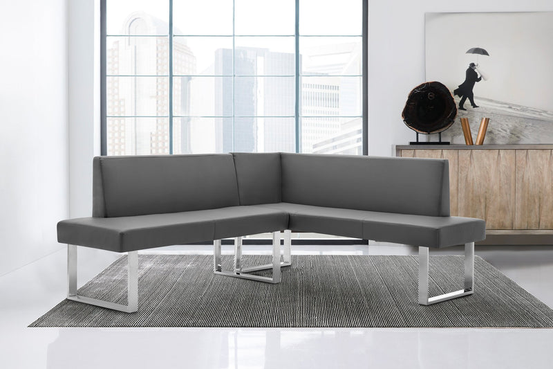 Amanda Contemporary Nook Corner Dining Bench in Gray Faux Leather and Chrome Finish - Furniture City (CA)l