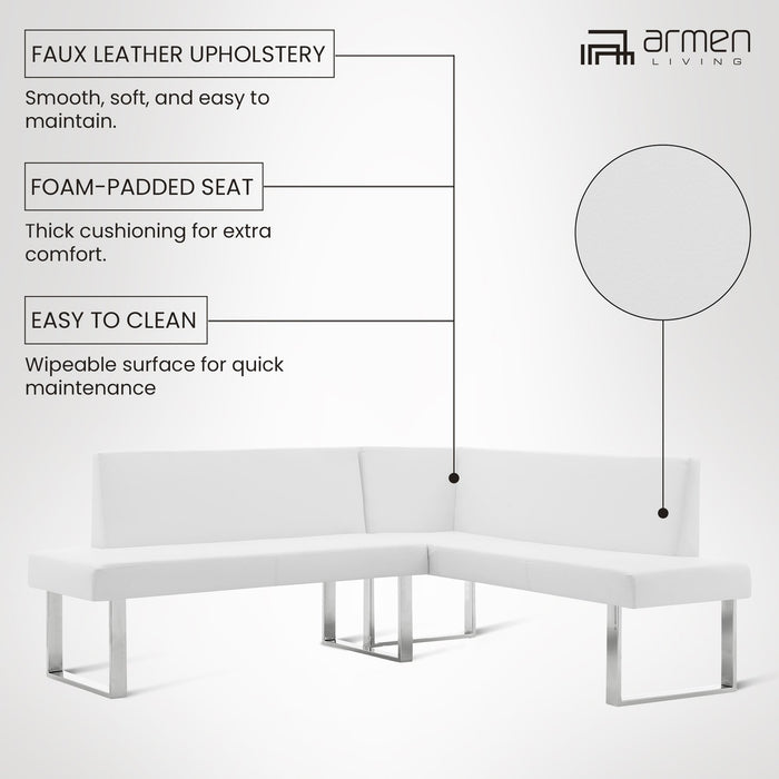 Amanda Contemporary Nook Corner Dining Bench in White Faux Leather and Chrome Finish
