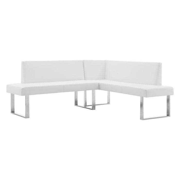 Amanda Contemporary Nook Corner Dining Bench in White Faux Leather and Chrome Finish