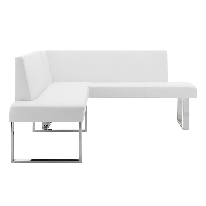 Amanda Contemporary Nook Corner Dining Bench in White Faux Leather and Chrome Finish