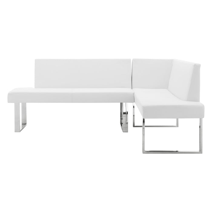 Amanda Contemporary Nook Corner Dining Bench in White Faux Leather and Chrome Finish