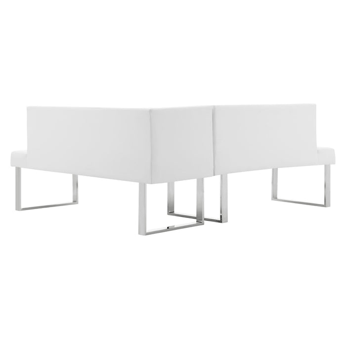 Amanda Contemporary Nook Corner Dining Bench in White Faux Leather and Chrome Finish