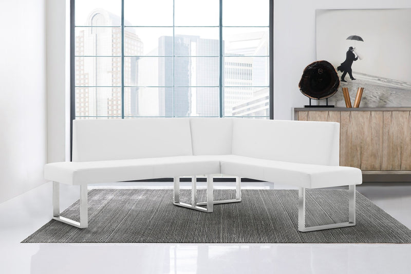 Amanda Contemporary Nook Corner Dining Bench in White Faux Leather and Chrome Finish - Furniture City (CA)l