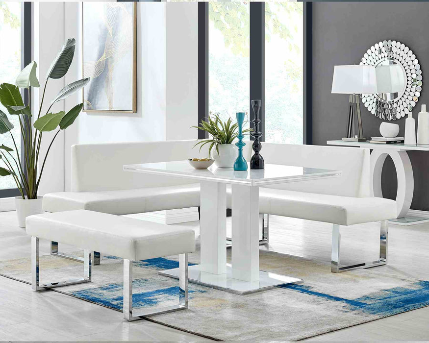 Amanda Contemporary Nook Corner Dining Bench in White Faux Leather and Chrome Finish