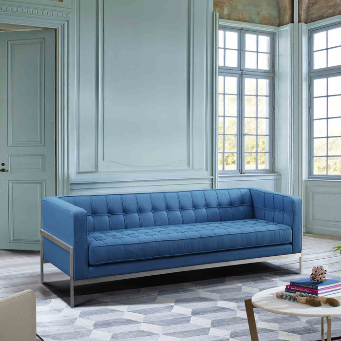 Andre Contemporary Sofa in Brushed Stainless Steel and Blue Fabric
