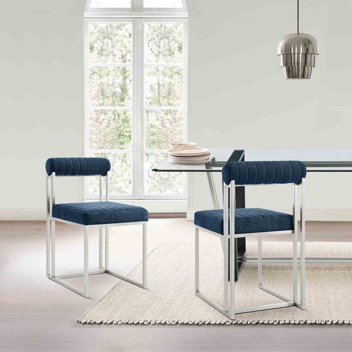 Anastasia Dining Chair with Brushed Stainless Steel and Blue Fabric - Set of 2