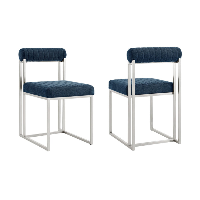 Anastasia Dining Chair with Brushed Stainless Steel and Blue Fabric - Set of 2