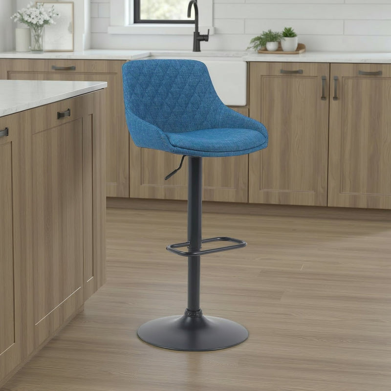 Anibal Modern Adjustable Swivel Barstool in Black Metal Finish with Blue Upholstered Seat - Furniture City (CA)l