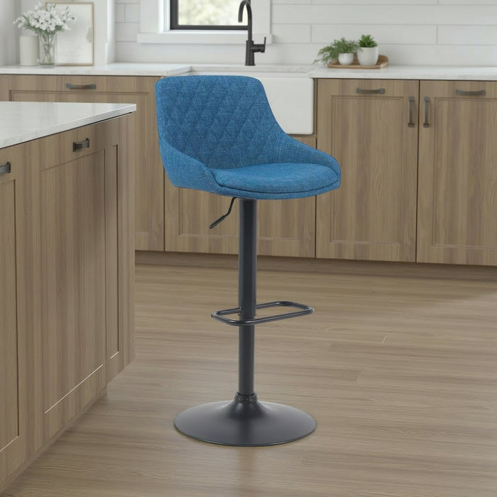 Anibal Modern Adjustable Swivel Barstool in Black Metal Finish with Blue Upholstered Seat