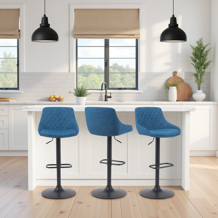 Anibal Modern Adjustable Swivel Barstool in Black Metal Finish with Blue Upholstered Seat