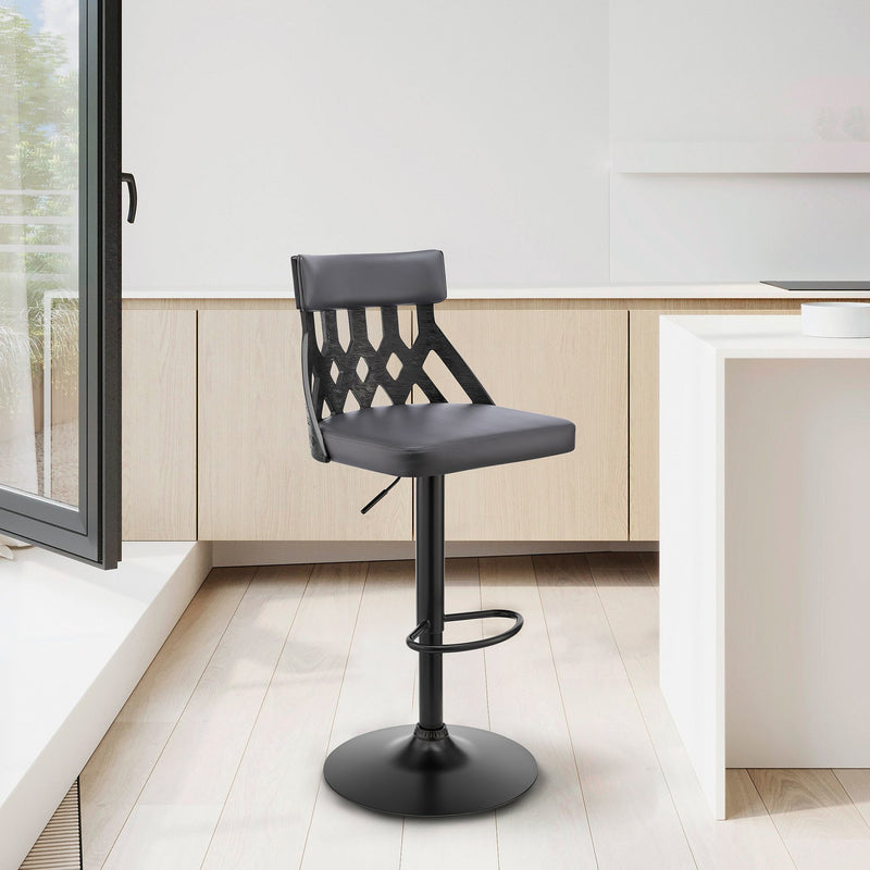 Angelo Adjustable Swivel Gray Faux Leather & Black Wood Bar Stool with Black Base - Furniture City (CA)l