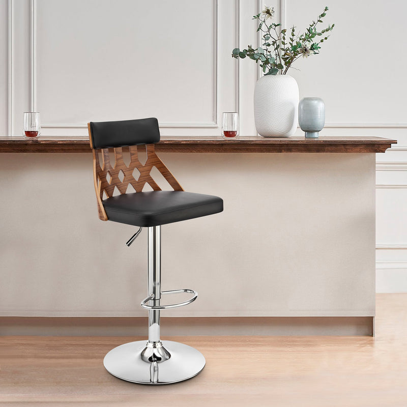 Angelo Adjustable Swivel Black Faux Leather & Walnut Wood Bar Stool with Chrome Base - Furniture City (CA)l