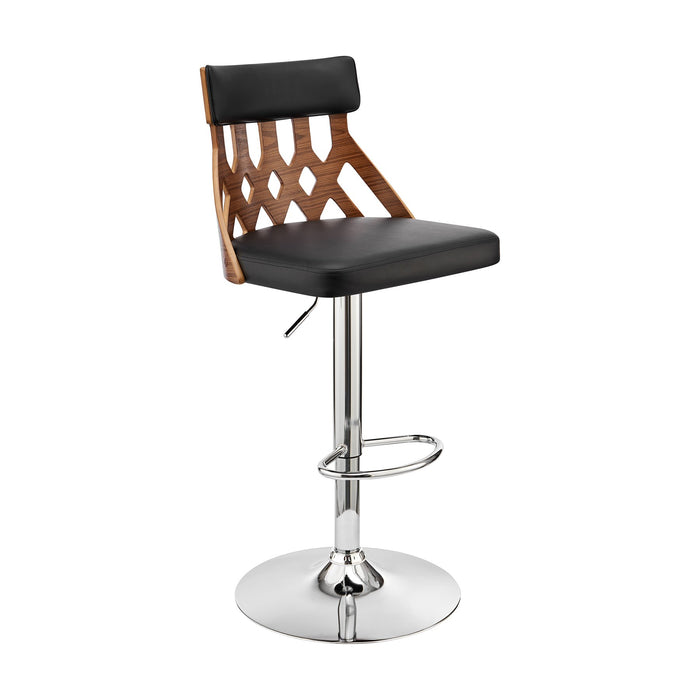 Angelo Adjustable Swivel Black Faux Leather & Walnut Wood Bar Stool with Chrome Base