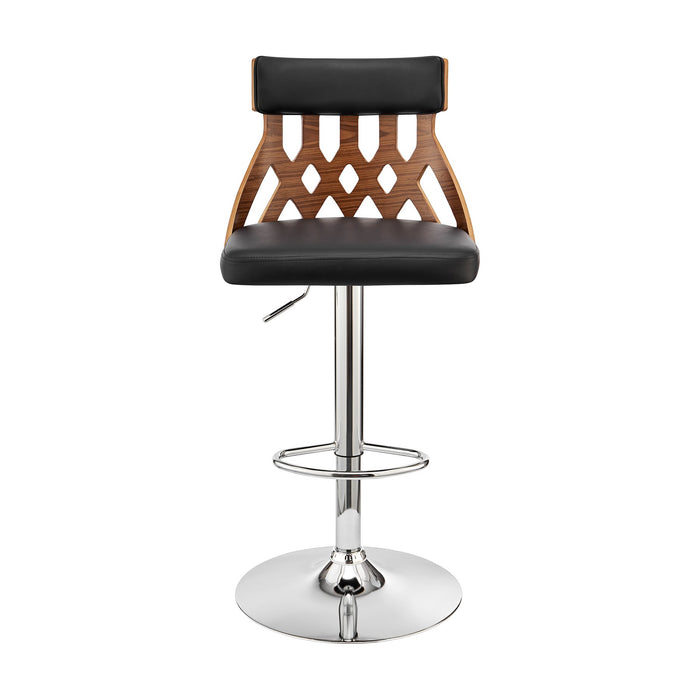 Angelo Adjustable Swivel Black Faux Leather & Walnut Wood Bar Stool with Chrome Base