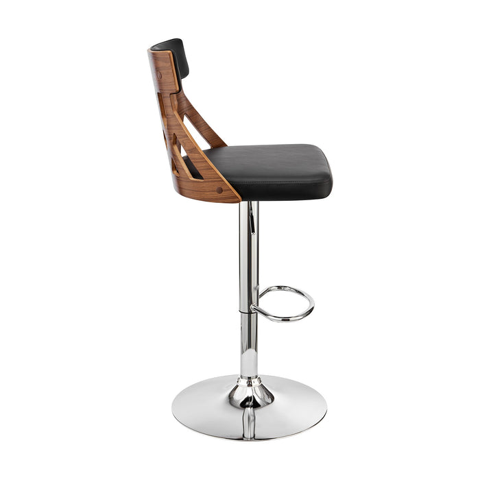 Angelo Adjustable Swivel Black Faux Leather & Walnut Wood Bar Stool with Chrome Base