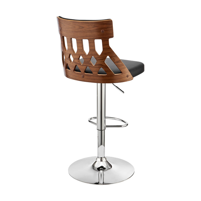Angelo Adjustable Swivel Black Faux Leather & Walnut Wood Bar Stool with Chrome Base