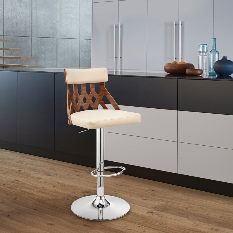Angelo Adjustable Swivel Cream Faux Leather & Walnut Wood Bar Stool with Chrome Base - Furniture City (CA)l