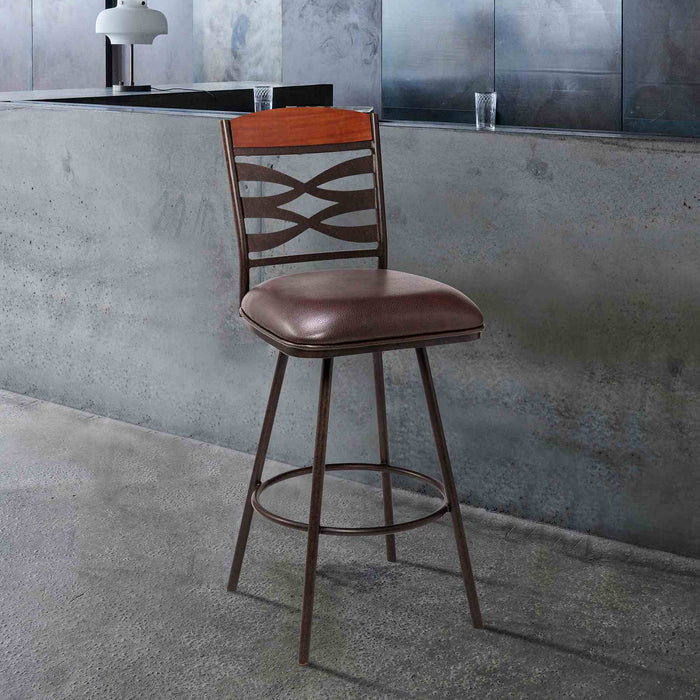 Arden Contemporary 30" Bar Height Barstool in Auburn Bay Finish with Brown Faux Leather and Sedona Wood Finish Back