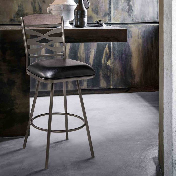 Arden Mid-Century 26" Counter Height Barstool in Mineral Finish with Black Faux Leather and Gray Walnut Wood Finish Back