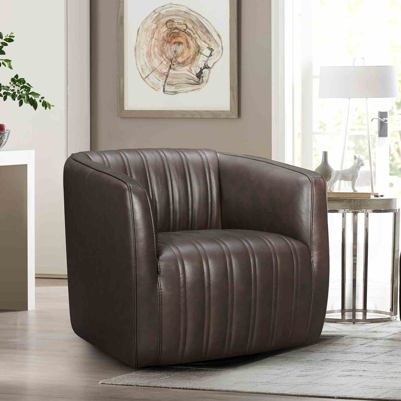 Aries Espresso Genuine Leather Swivel Barrel Chair - Furniture City (CA)l