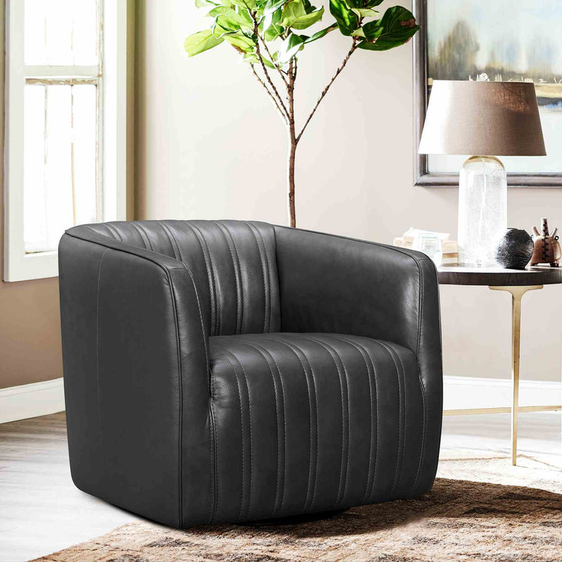 Aries Pewter Genuine Leather Swivel Barrel Chair - Furniture City (CA)l