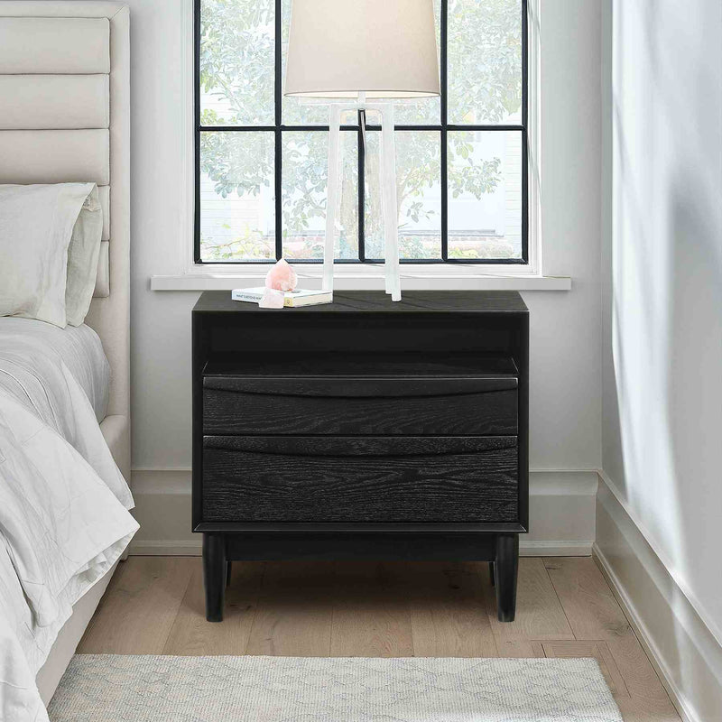Artemio 2 Drawer Wood Nightstand with Shelf in Black Finish - Furniture City (CA)l