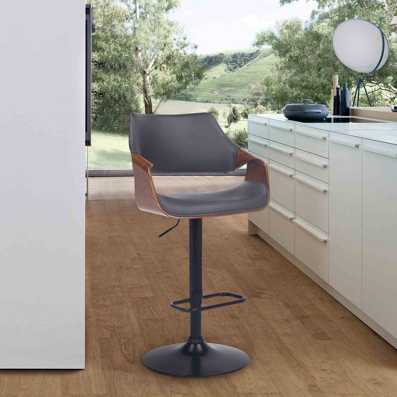 Aspen Adjustable Swivel Gray Faux Leather and Walnut Wood Bar Stool with Black Base - Furniture City (CA)l