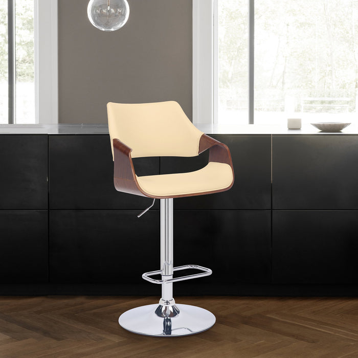Aspen Adjustable Swivel Cream Faux Leather and Walnut Wood Bar Stool with Chrome Base