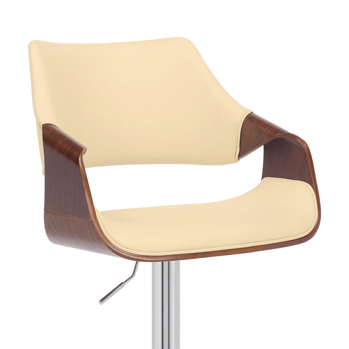 Aspen Adjustable Swivel Cream Faux Leather and Walnut Wood Bar Stool with Chrome Base