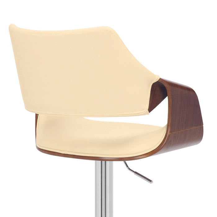 Aspen Adjustable Swivel Cream Faux Leather and Walnut Wood Bar Stool with Chrome Base