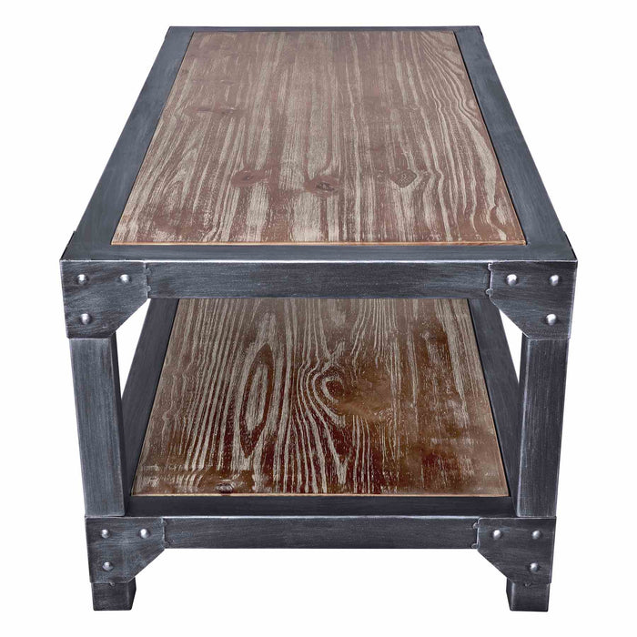 Astrid Industrial Coffee Table in Industrial Gray and Pine Wood Top