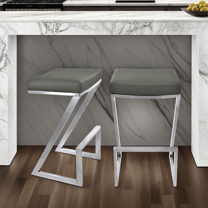 Atlantis 26" Counter Height Backless Gray Faux Leather and Brushed Stainless Steel Bar Stool