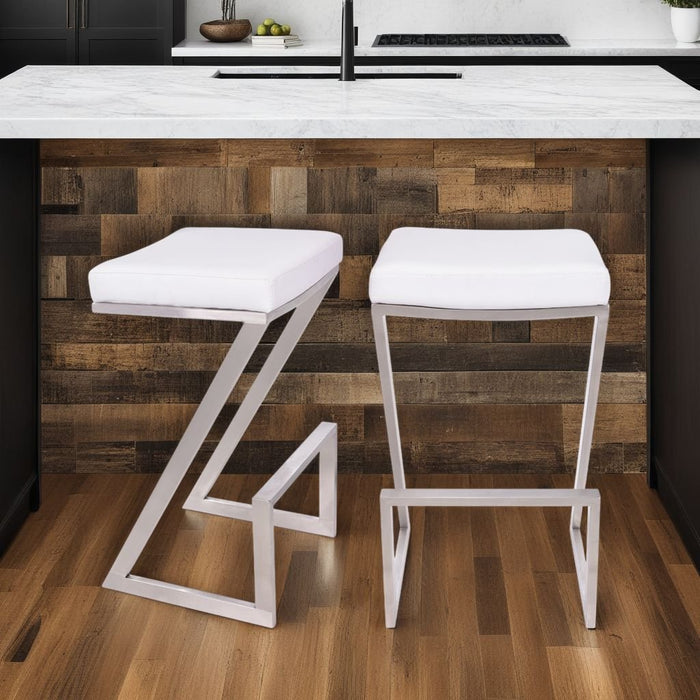 Atlantis 26" Counter Height Backless White Faux Leather and Brushed Stainless Steel Bar Stool
