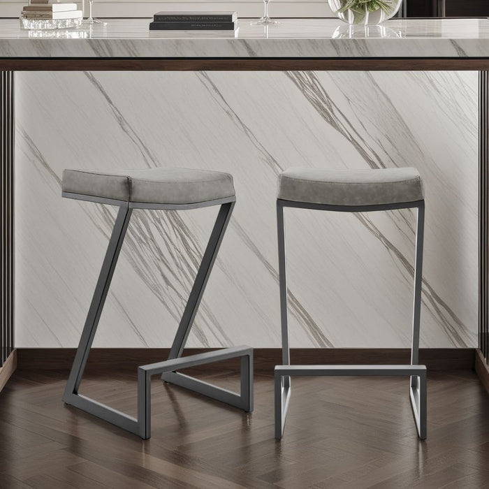 Atlantis 26" Backless Counter Stool with Matte Black Iron and Vintage Gray Faux Leather