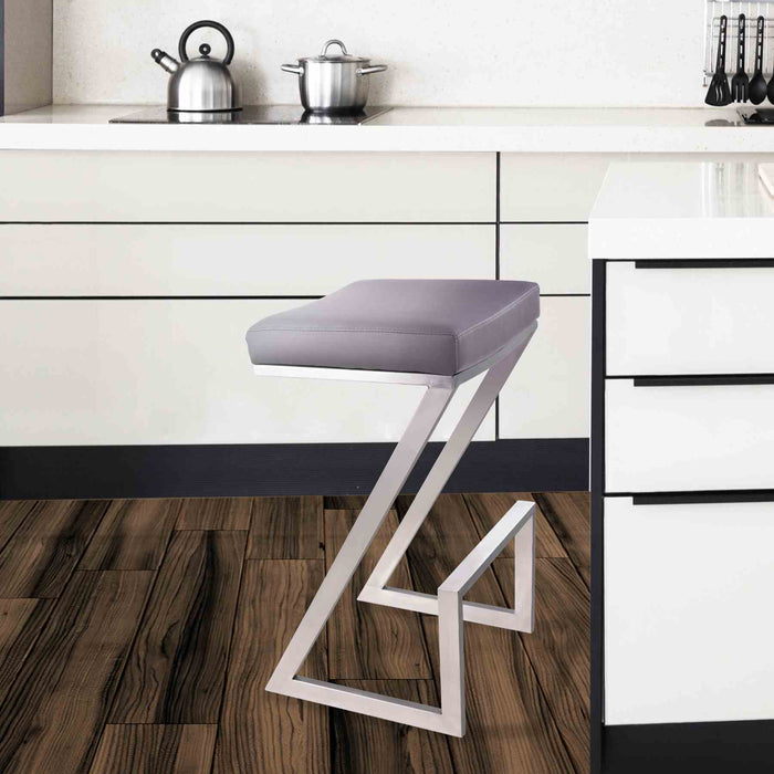 Atlantis 30" Bar Height Backless Gray Faux Leather and Brushed Stainless Steel Bar Stool