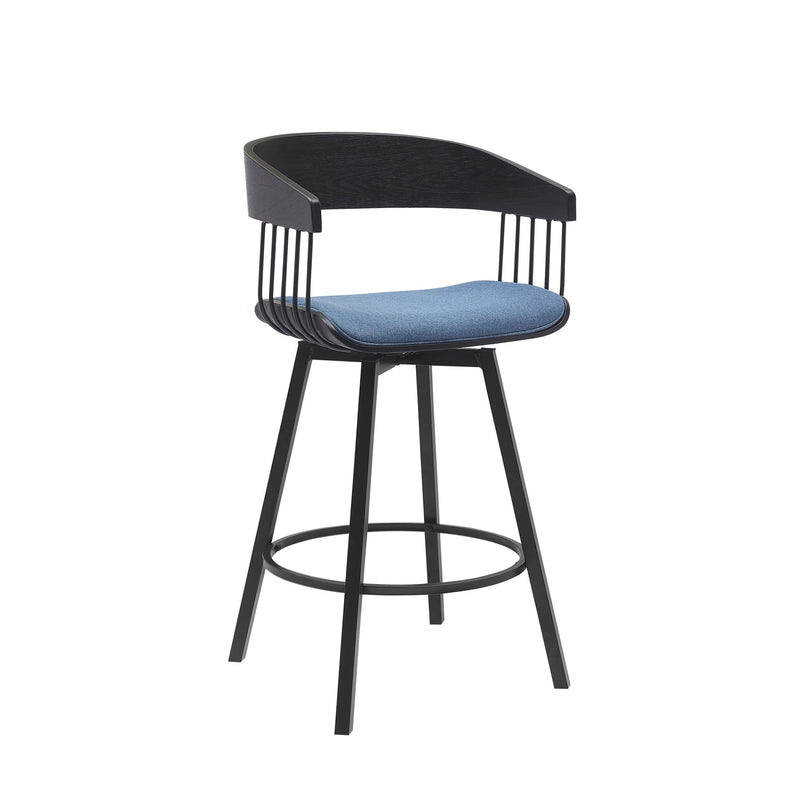 Athena 27" Swivel Black Wood Counter Stool in Blue Fabric with Black Metal - Furniture City (CA)l