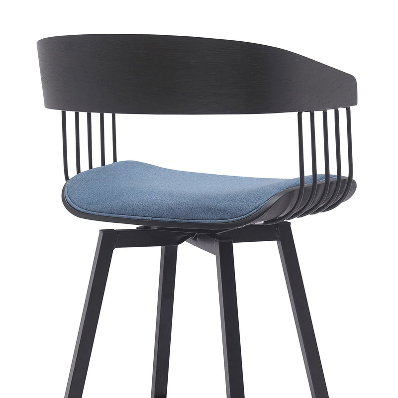 Athena 27" Swivel Black Wood Counter Stool in Blue Fabric with Black Metal - Furniture City (CA)l