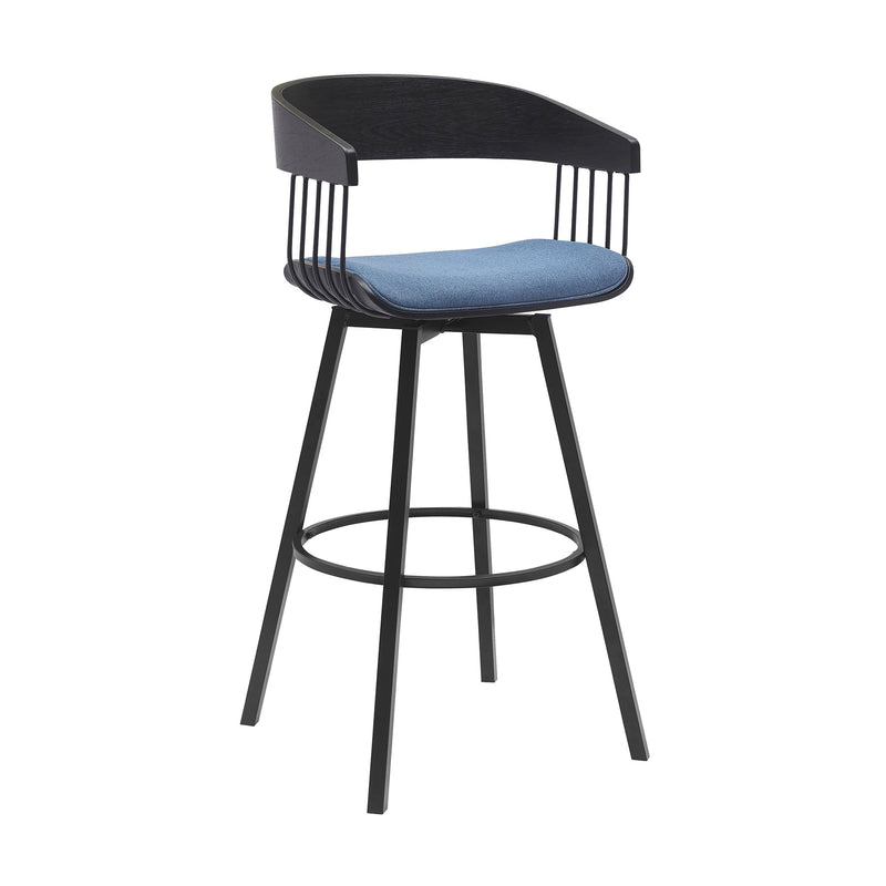 Athena 31" Swivel Black Wood Bar Stool in Blue Fabric with Black Metal - Furniture City (CA)l